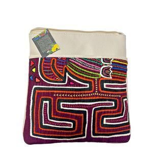 Arte Kuna Colombia‎ Leather Crossbody Bag - Mola Design, Lined, Multiple Pockets